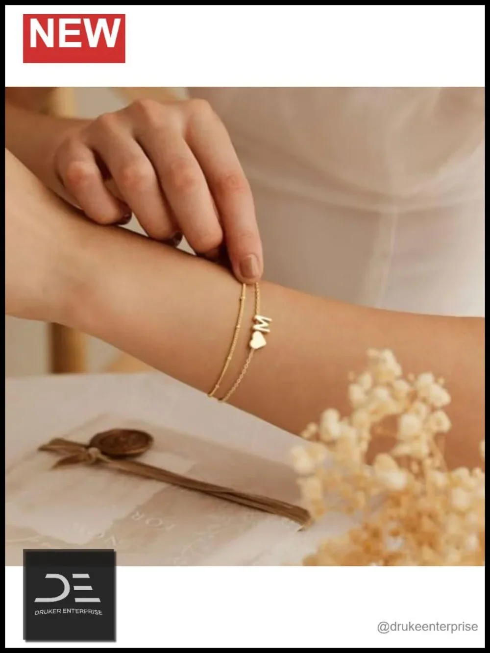 14K Gold Plated dainty layered heart initial bracelet - adjustable lobster clasp